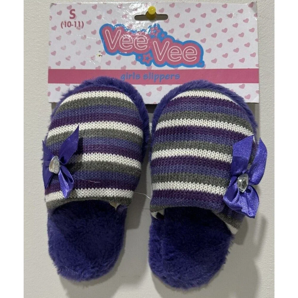 Vee Vee girl's small size 10-11 slip on purple striped slippers with bow